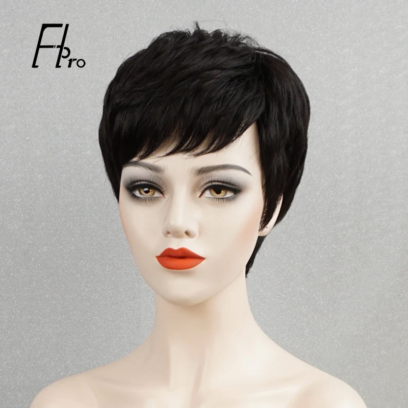 Short Pixie Wig Natural Hair Wig for Black Women 130 Density Handmade Wig with Bangs